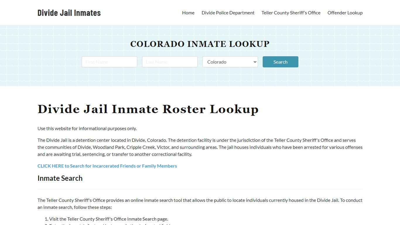 Divide Jail Inmate Roster, Teller County, CO, Offender Search